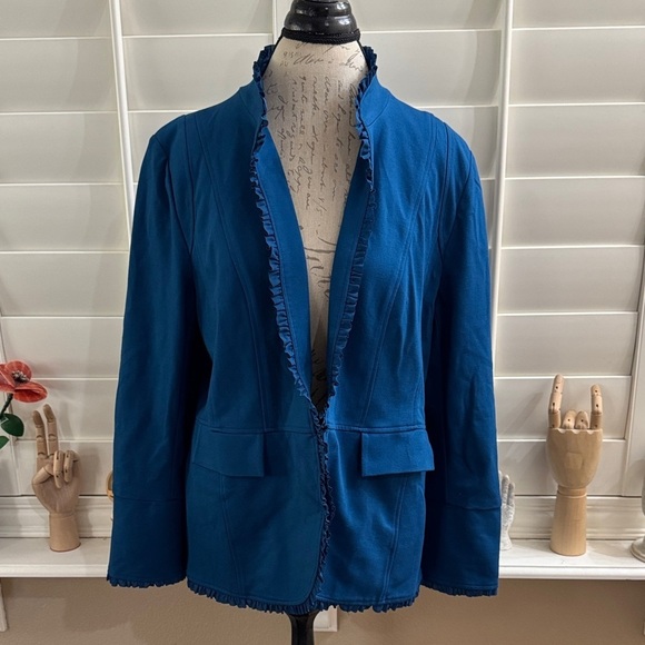 CHICO'S Ruffle Trim Ponte Blazer Jacket Baroque Blue - Picture 1 of 11